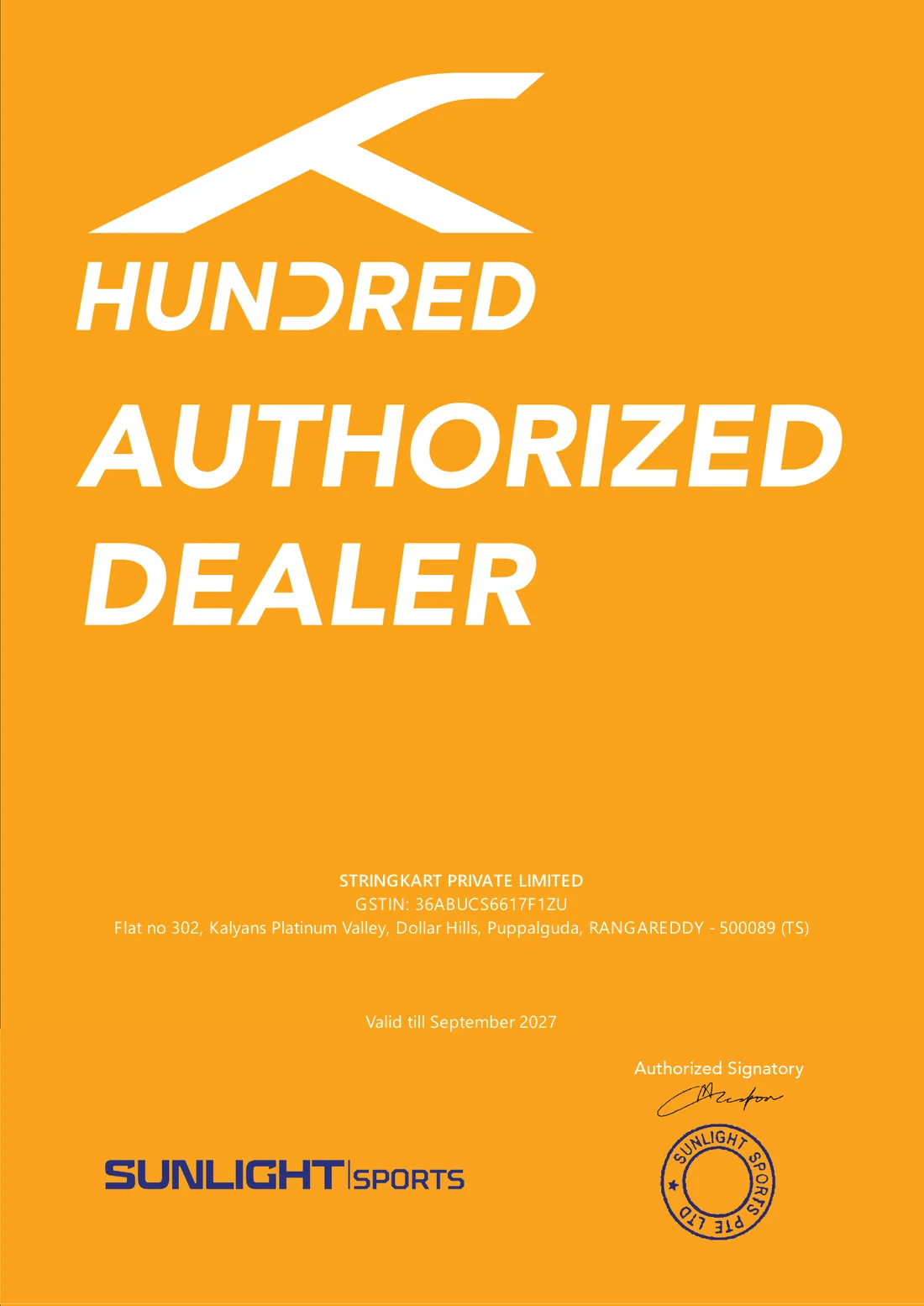 Hundred Authorized Dealer certificate issued to StringKart Private Limited by Sunlight Sports, valid till September 2027