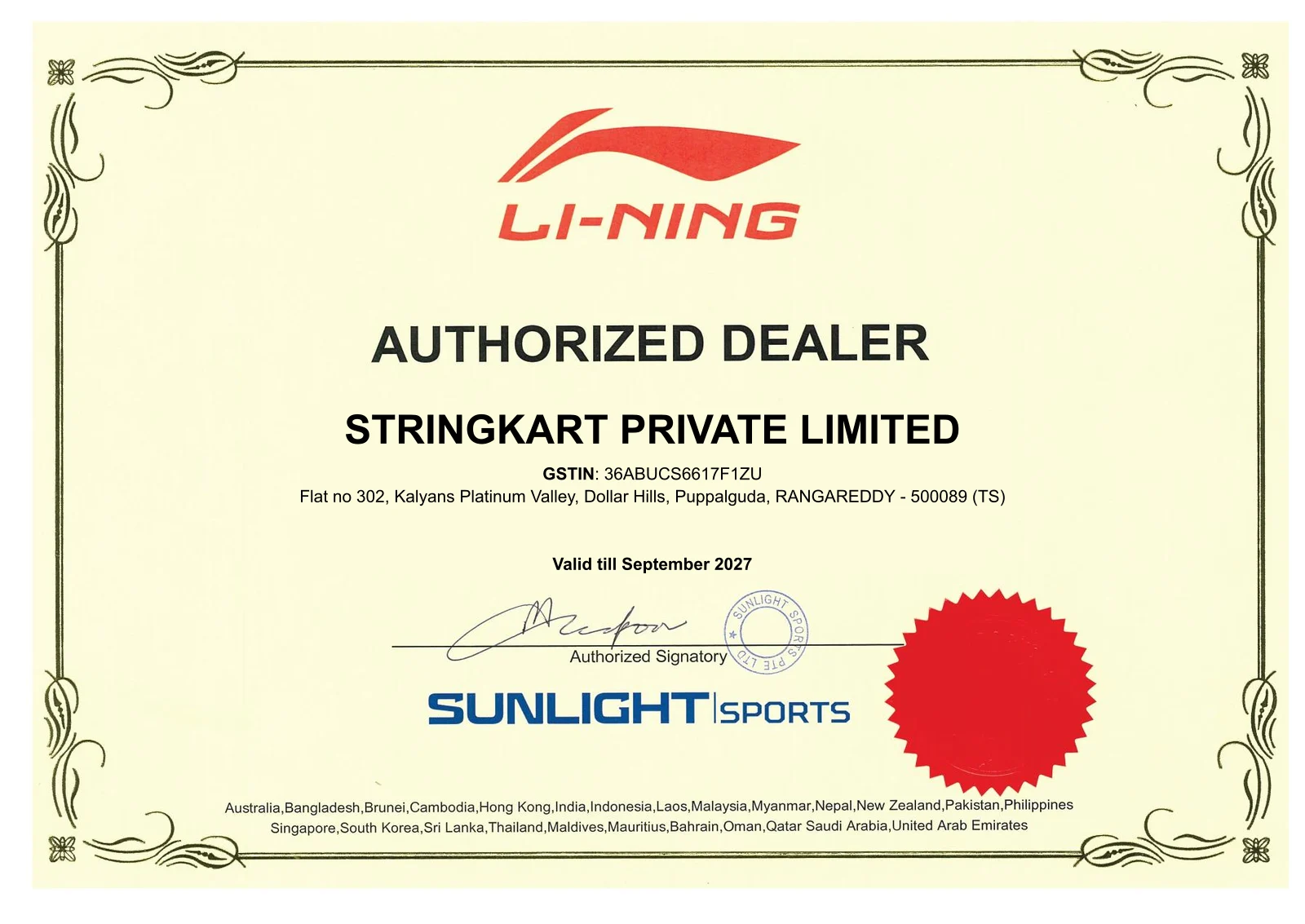 Li-Ning Authorized Dealer certificate issued to StringKart Private Limited by Sunlight Sports, valid till September 2027